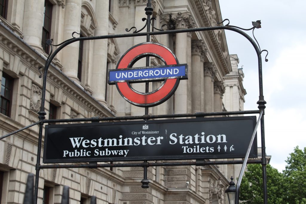 Westminster Underground sign in London, England